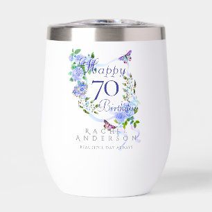 Blue Rose Ribbon 70th Birthday Thermal Wine Tumbler