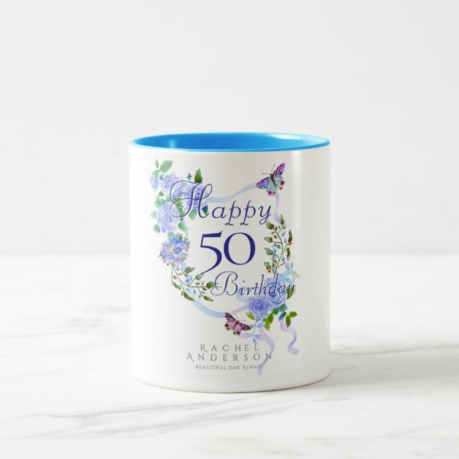 Blue Rose Ribbon Birthday 50th Two-Tone Coffee Mug (Center)