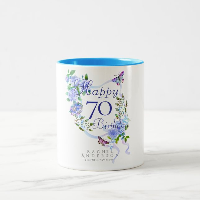 Blue Rose Ribbon Birthday 70th Two-Tone Coffee Mug (Center)