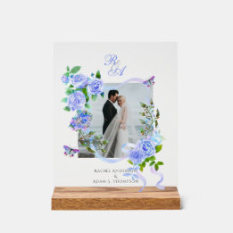 Blue Rose Ribbon Monogram Photo Wedding Acrylic Sign