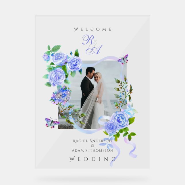 Blue Rose Ribbon Monogram Photo Wedding  Acrylic Sign (Front)