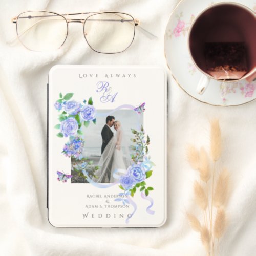 Blue Rose Ribbon Monogram Photo Wedding Kindle Cover