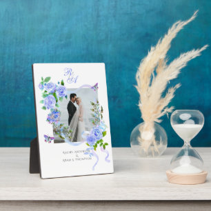 Blue Rose Ribbon Monogram Photo Wedding Plaque
