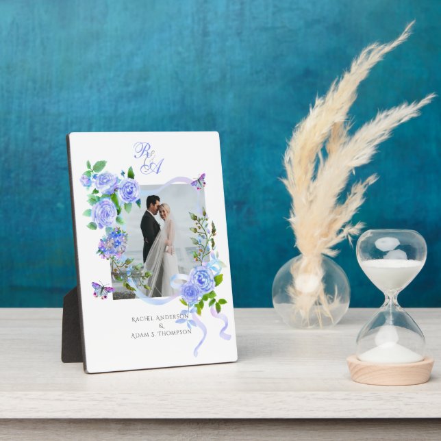 Blue Rose Ribbon Monogram Photo Wedding  Plaque (Side)