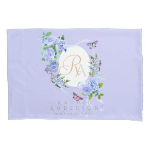 Blue Rose Ribbon Monogram Purple Pillow Case
