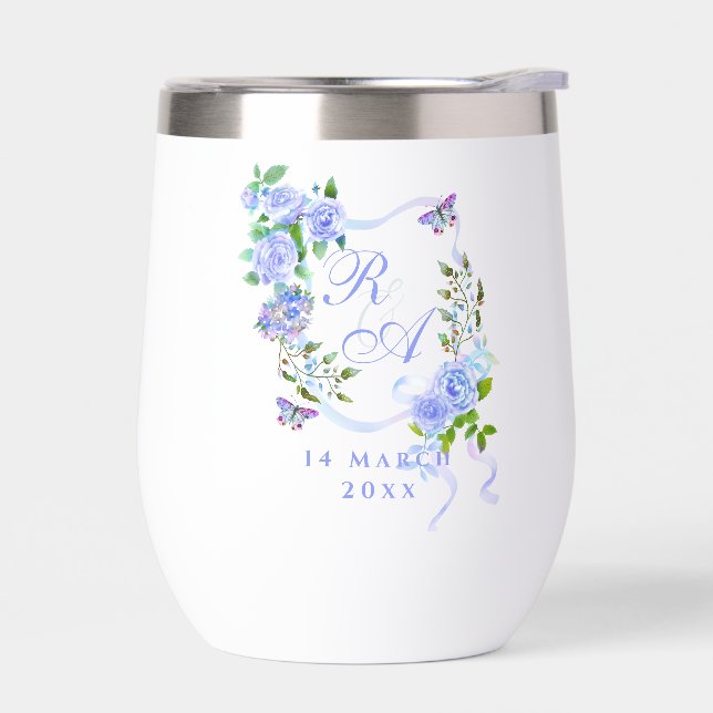 Blue Rose Ribbon Monogram  Thermal Wine Tumbler (Left)