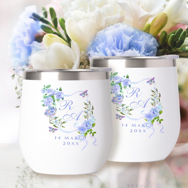Blue Rose Ribbon Monogram  Thermal Wine Tumbler (Blue Rose Ribbon Monogram Thermal Wine Tumbler)