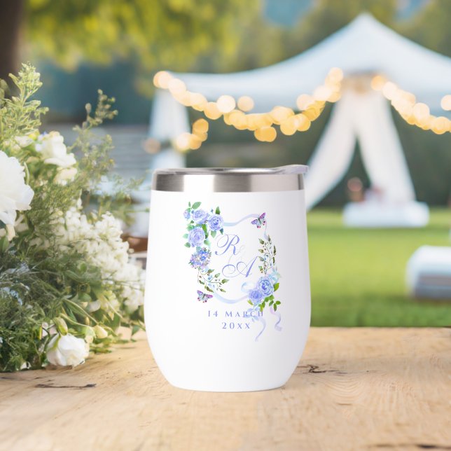 Blue Rose Ribbon Monogram  Thermal Wine Tumbler (Wedding)