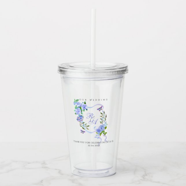 Blue Rose Ribbon Monogram Wedding  Acrylic Tumbler (Front)
