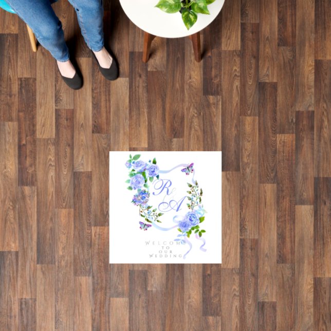 Blue Rose Ribbon Monogram Wedding  Floor Decals (Floor)