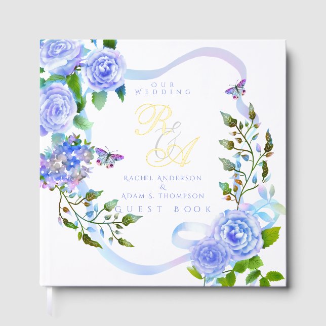 Blue Rose Ribbon Monogram Wedding Foil Guest Book (Front)