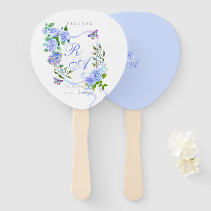 Blue Rose Ribbon Monogram Wedding Hand Fan