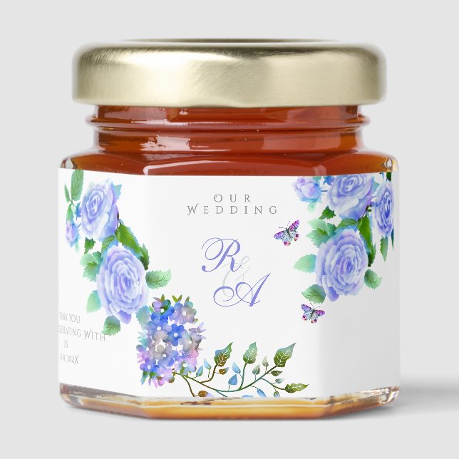Blue Rose Ribbon Monogram Wedding  Honey Jar Favors (Front)