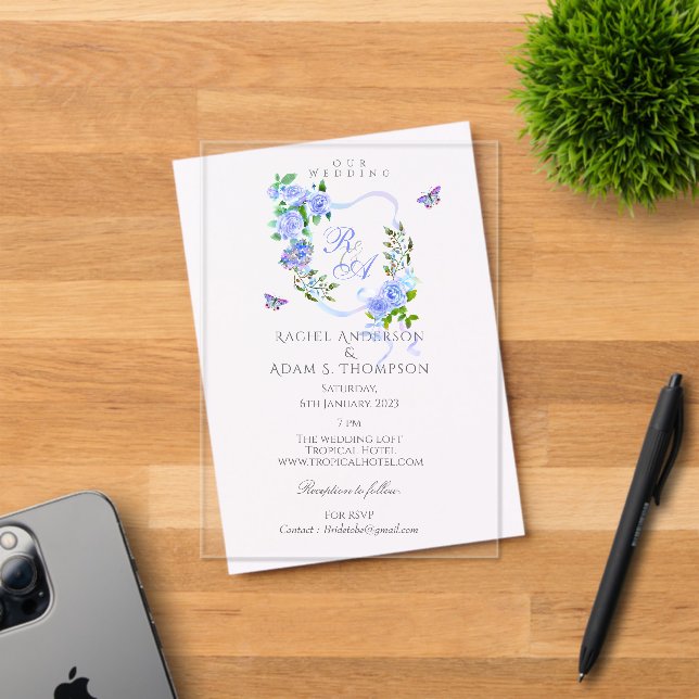 Blue Rose Ribbon Monogram Wedding  Invitation (Insitu (Invitation Card))