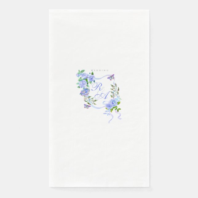 Blue Rose Ribbon Monogram Wedding Paper Guest Towels (Front)