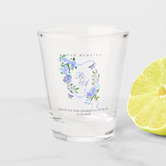 Blue Rose Ribbon Monogram Wedding  Shot Glass (Front)