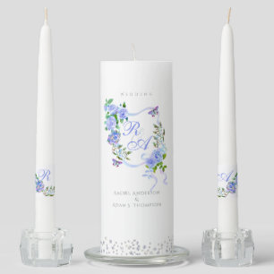 Blue Rose Ribbon Monogram Wedding Unity Candle Set