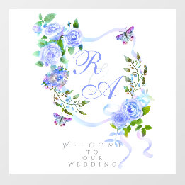 Blue Rose Ribbon Monogram Wedding Wall Decal