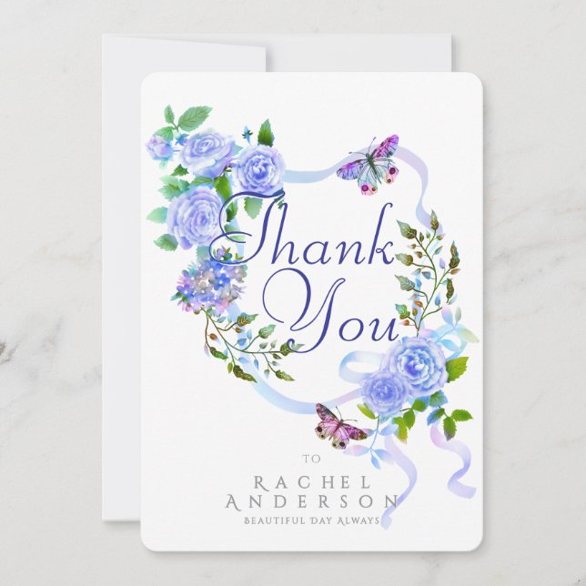 Blue Rose Ribbon Thank You Holiday Card (Front)