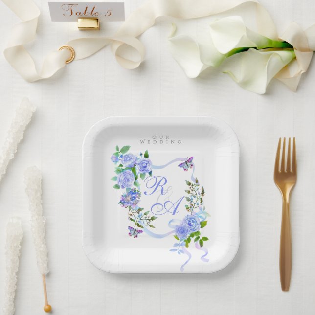 Blue Rose Ribbon Wedding Paper Plates (Wedding)