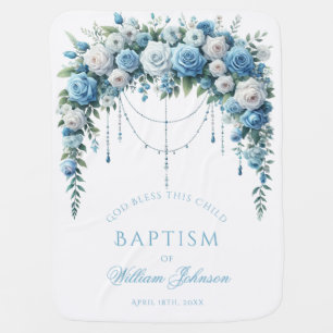 Blue Rose & Silver Cross Baptism Baby Blanket