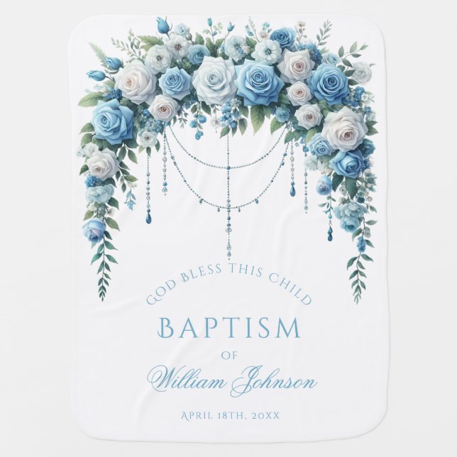 Blue Rose & Silver Cross Baptism Baby Blanket (Front)