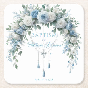 Blue Rose & Silver Cross Baptism Coaster