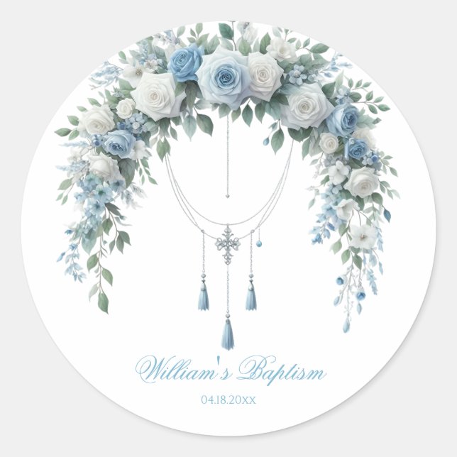 Blue Rose & Silver Cross Baptism Favor Sticker (Front)