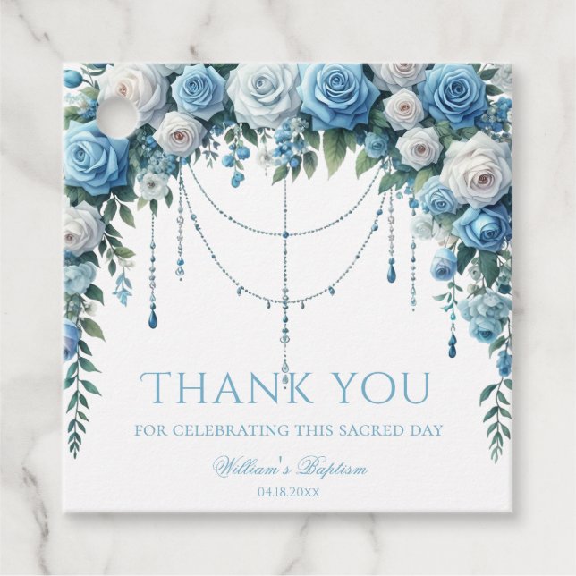 Blue Rose & Silver Cross Baptism Favor Tag (Front)