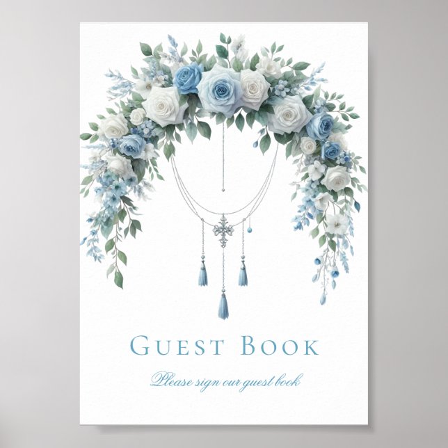 Blue Rose & Silver Cross Baptism Guest Book Sign (Front)