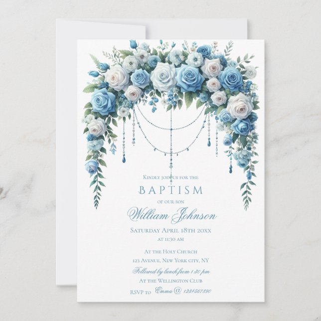Blue Rose & Silver Cross Baptism Invitation (Front)