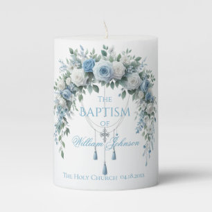 Blue Rose & Silver Cross Baptism Pillar Candle