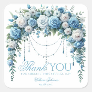 Blue Rose & Silver Cross Baptism Thank You Sticker