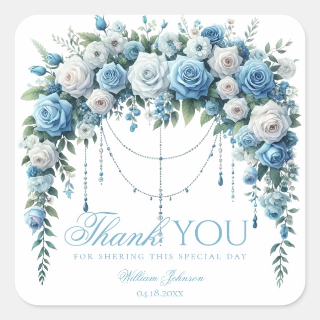 Blue Rose & Silver Cross Baptism Thank You Sticker (Front)