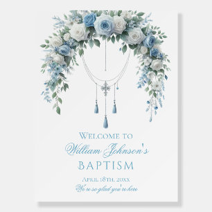 Blue Rose & Silver Cross Baptism Welcome Sign