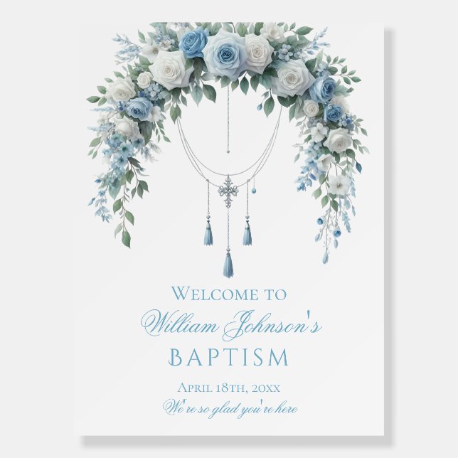 Blue Rose & Silver Cross Baptism Welcome Sign (Front)