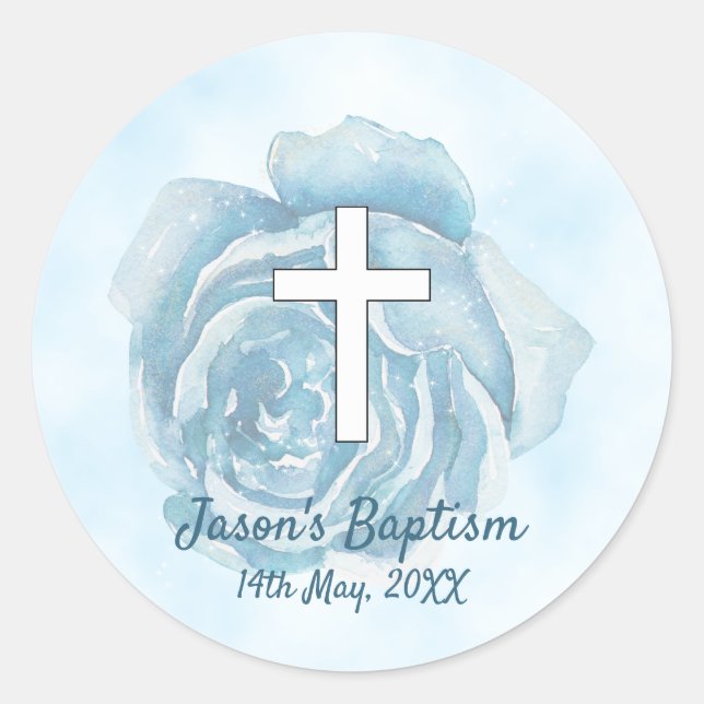 Blue rose sparkle boy Baptism Classic Round Sticker (Front)