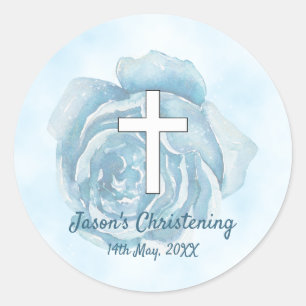 Blue rose sparkle boy Christening Classic Round Sticker