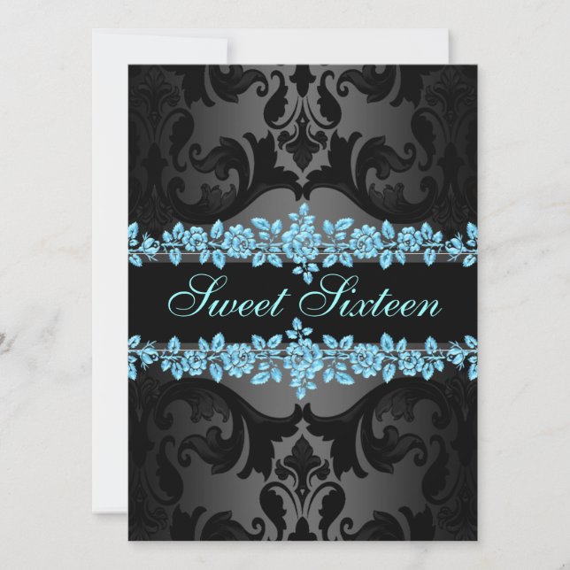 Blue Rose Sweet16 Damask Birthday Invite (Front)
