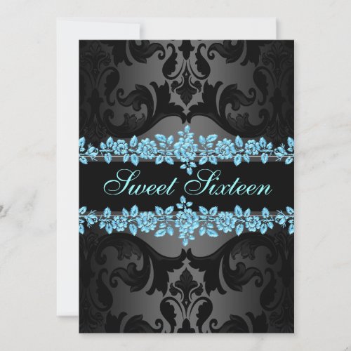 Blue Rose Sweet16 Damask Birthday Invite