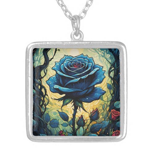 Blue Rose Vines 1 Silver Plated Necklace