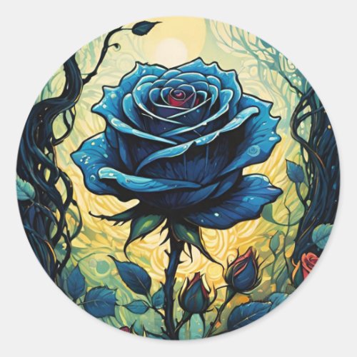 Blue Rose Vines 1 Square Classic Round Sticker