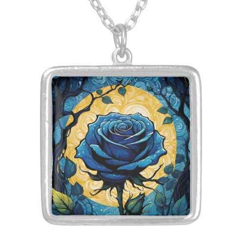 Blue Rose Vines 3 Silver Plated Necklace