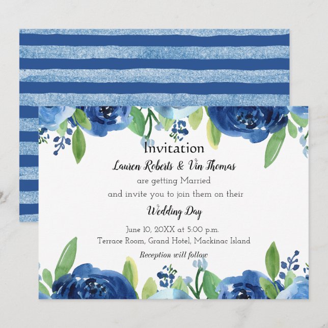 Blue Rose Watercolor Wedding Invitation (Front/Back)