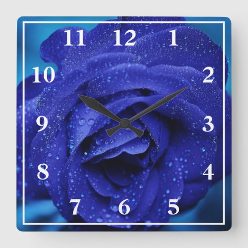 Blue Rose with Dew Drops Square Wall Clock