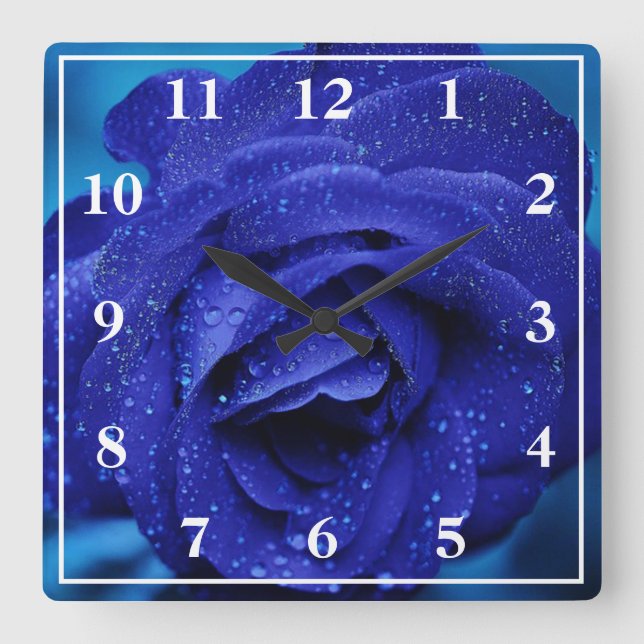 Blue Rose with Dew Drops Square Wall Clock (Front)