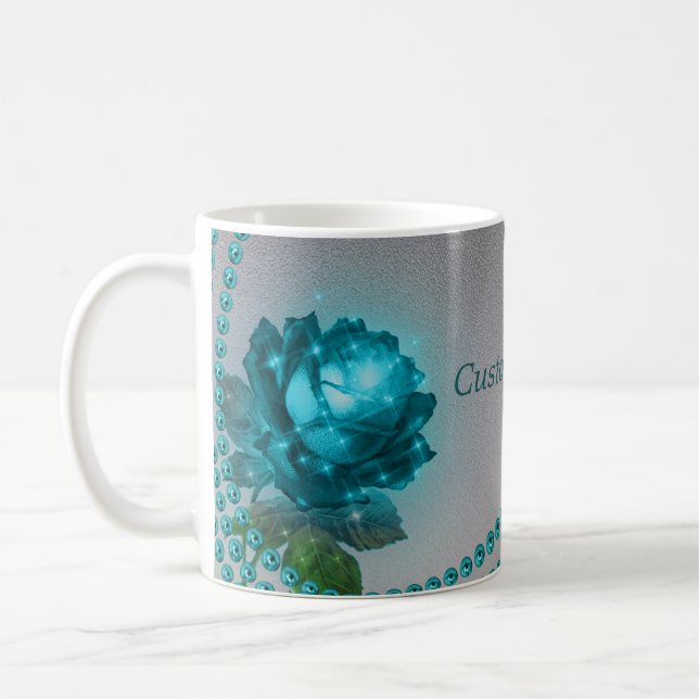Blue Rose with Pearls Coffee Mug - Customize Text (Left)