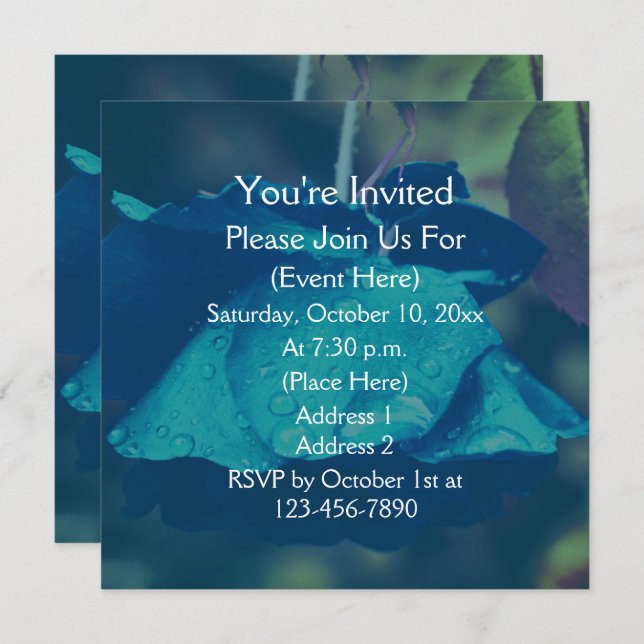 Blue Rose With Raindrops Floral Invitation (Front/Back)