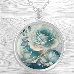 Blue Rose With Silver Veining Silver Plated Necklace