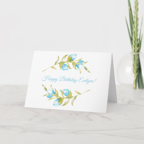 Blue Rosebud Stems Watercolor Birthday Card